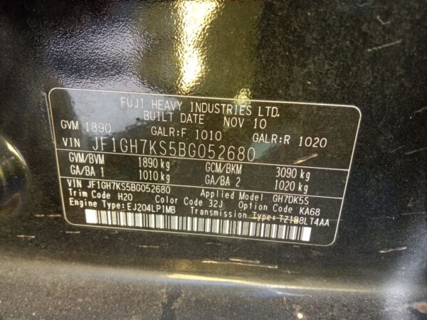 P5020 - Subaru Impreza 2011 Black Wrecking - Image 12