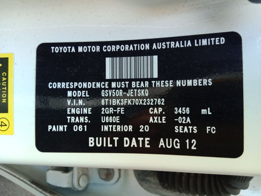 P5363 - Toyota Aurion 2012 White Wrecking - Image 11